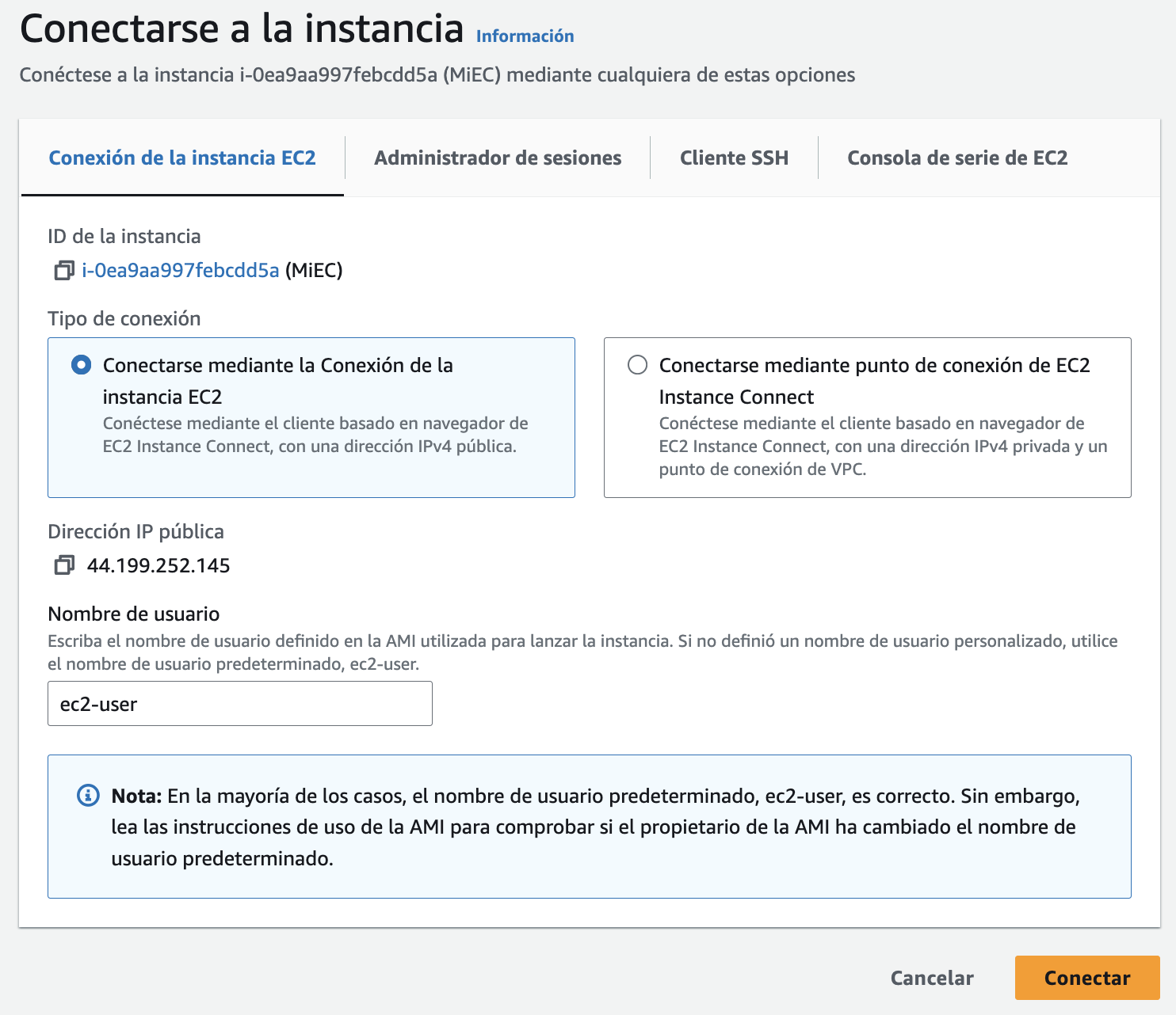 Conexión a la instancia EC2