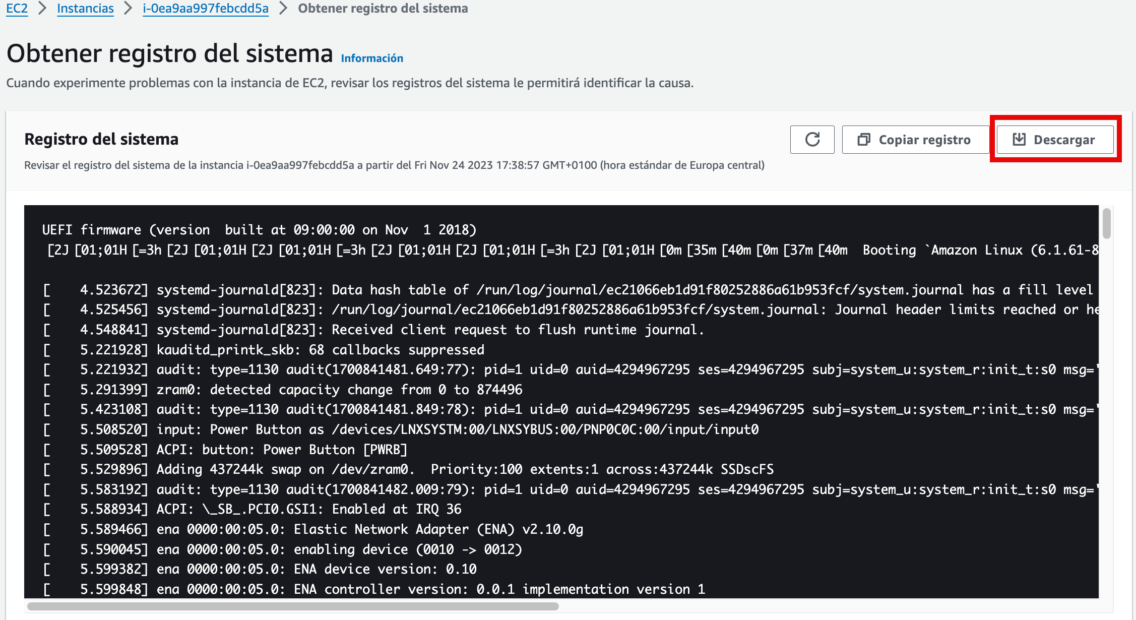 Log de la instancia EC2