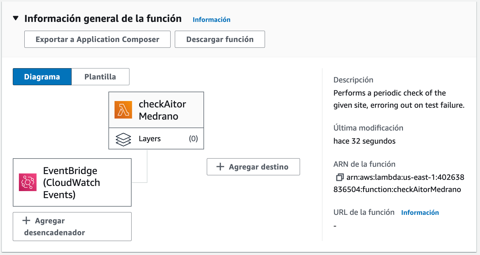 Resumen de la función Lambda creada