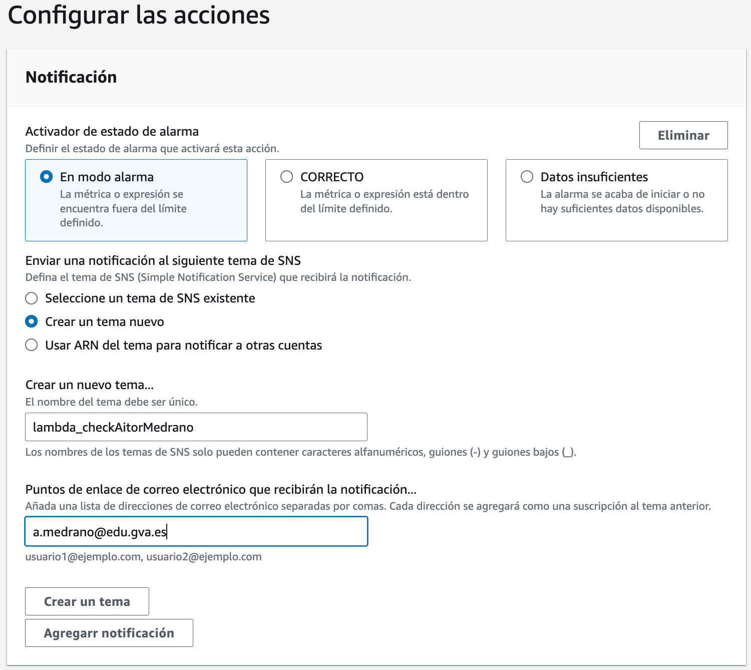 Configuramos la acción de la alarma