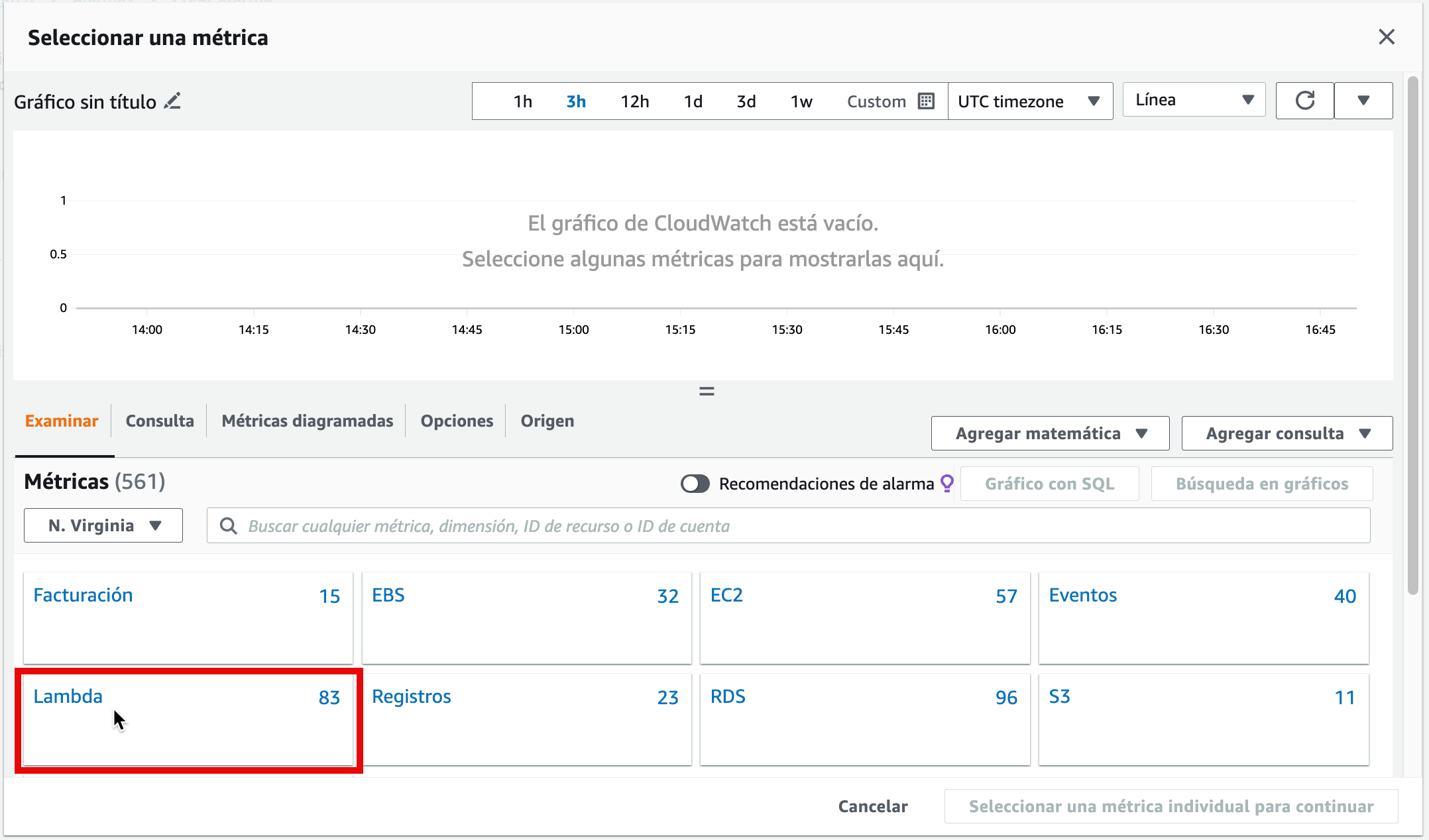 Seleccionamos la métrica Lambda en Cloudwatch