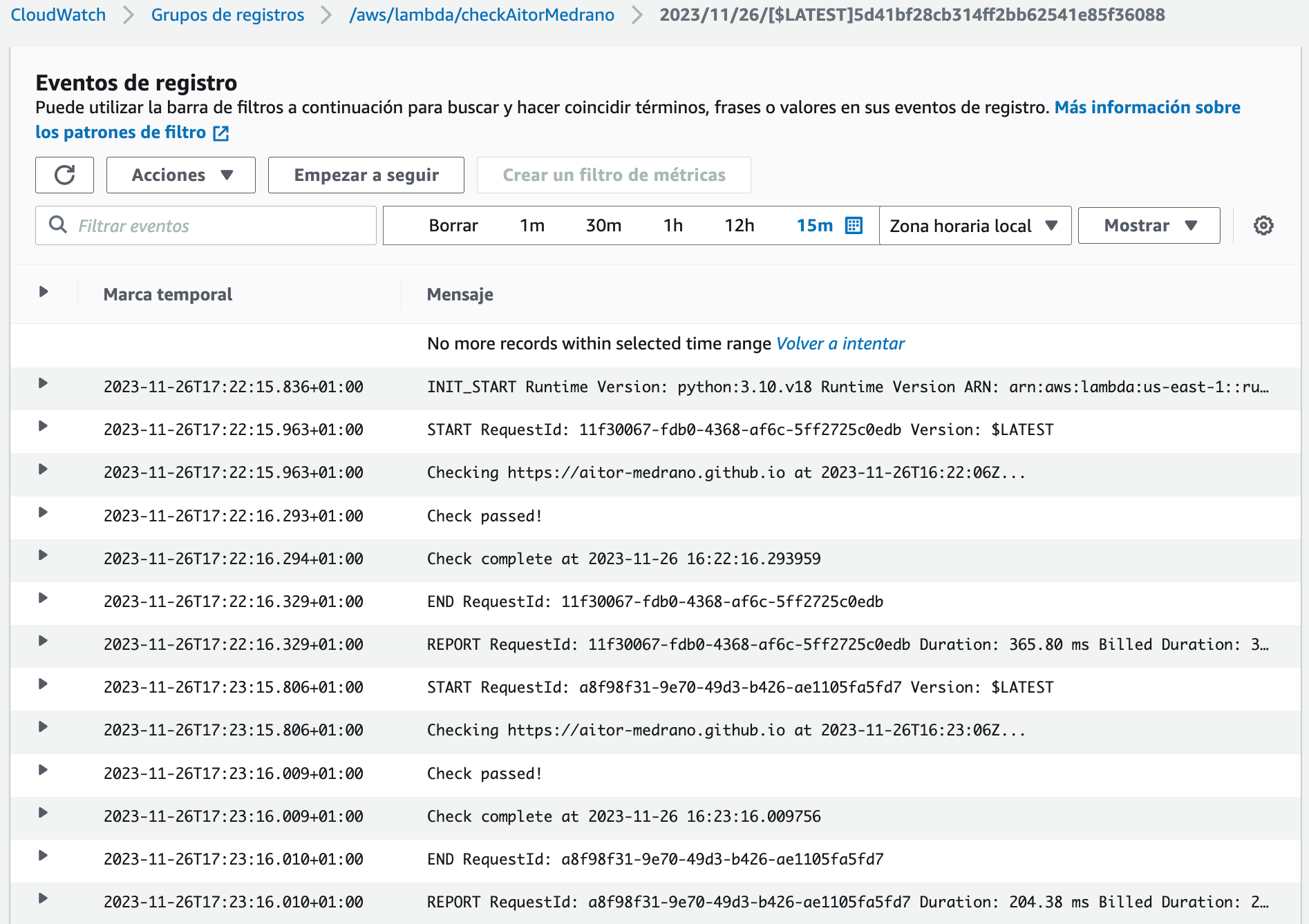 Log de la función Lambda en Cloudwatch