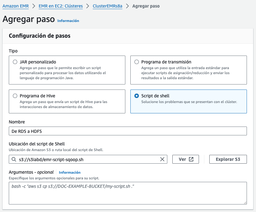 Creando un paso con un script en EMR