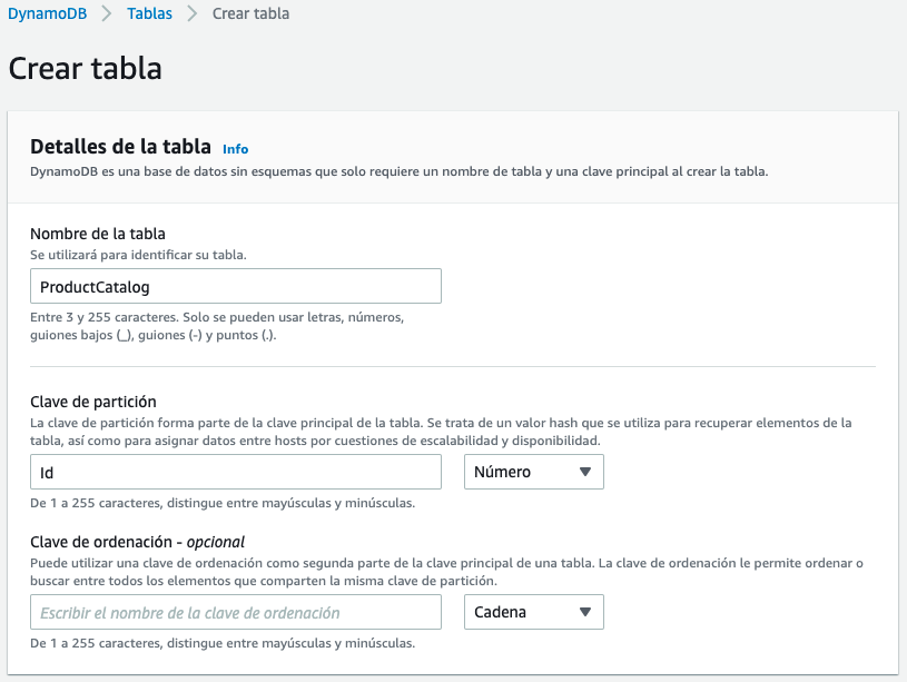 Creando la tabla en DynamoDB