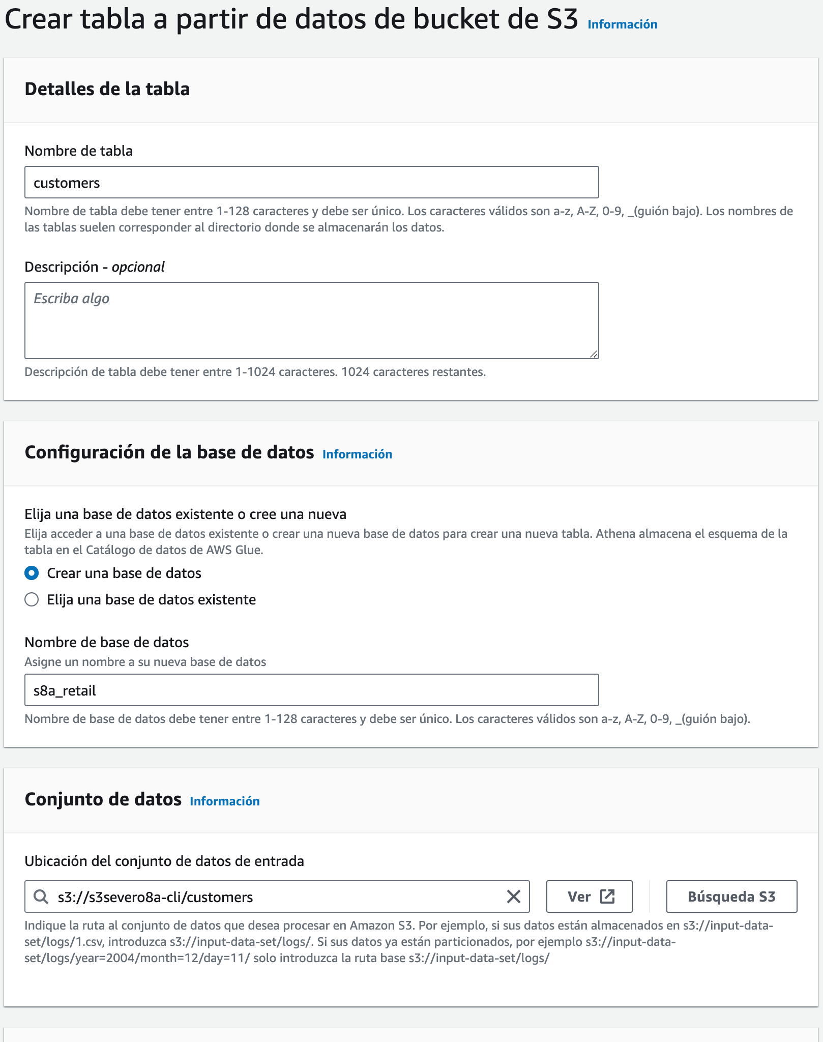 Athena - Opción para crear la tabla a partir de S3