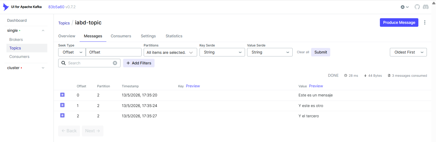 Kafka UI mostrando los mensajes del topic iabd-topic