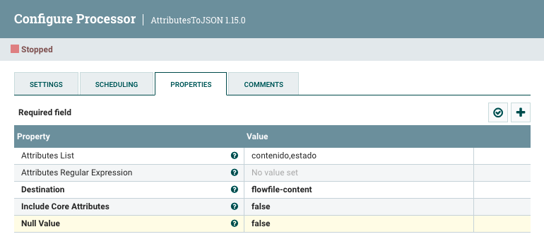 Creando el atributo estado en Nifi