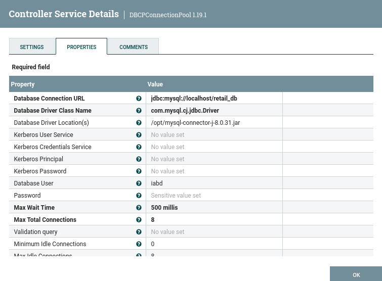 Configuración de DBCPConnectionPool en Nifi