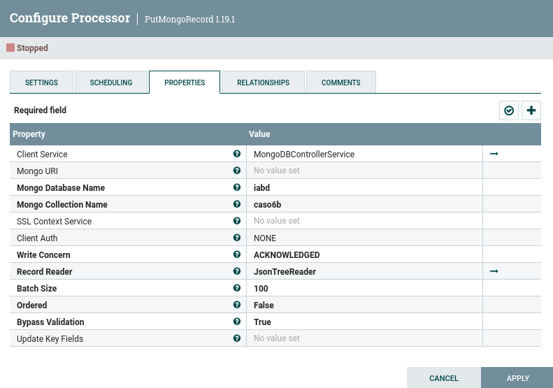 Configuración de PutMongoRecord en Nifi