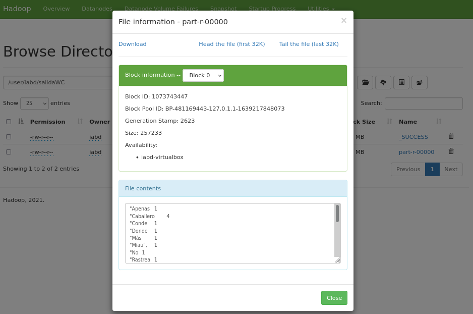 Contenido HDFS de salidaWC