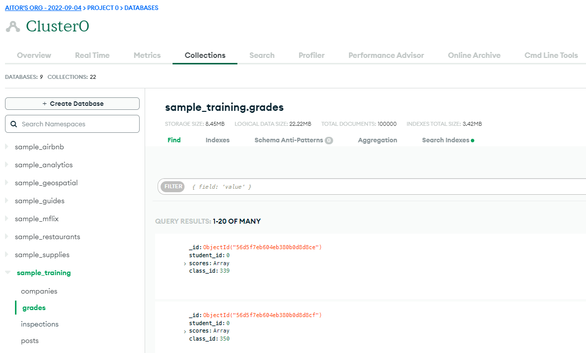 MongoDB - Colecciones con los datos de prueba