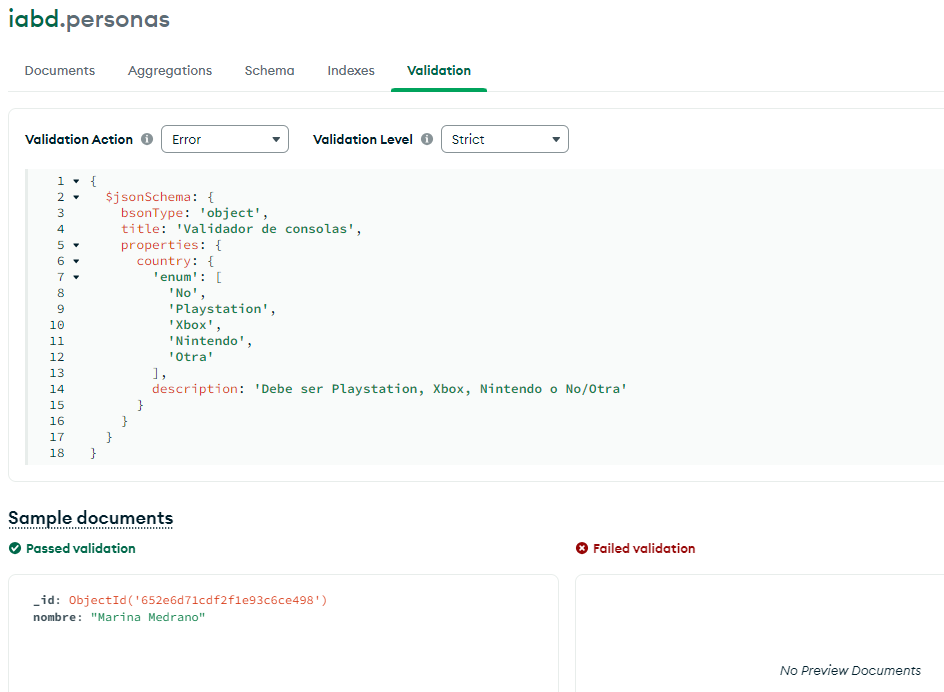 Validación de documentos en MongoDB Compass