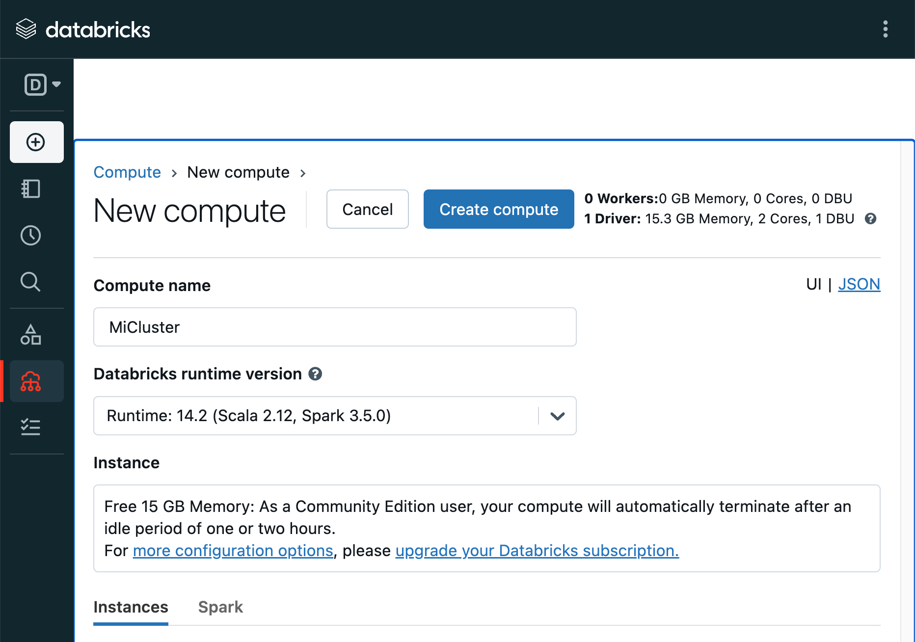 Creación de un clúster en Databricks