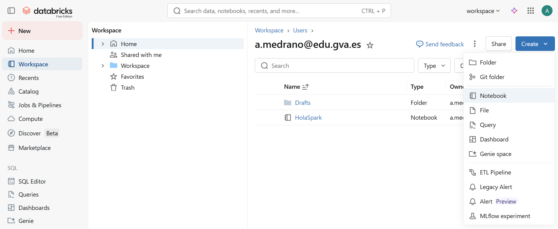 Creando un cuaderno en Databricks