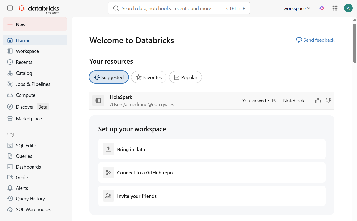 Panel de inicio en Databricks