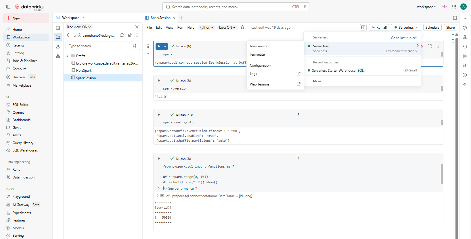 Spark logs en modo Serverless en Databricks
