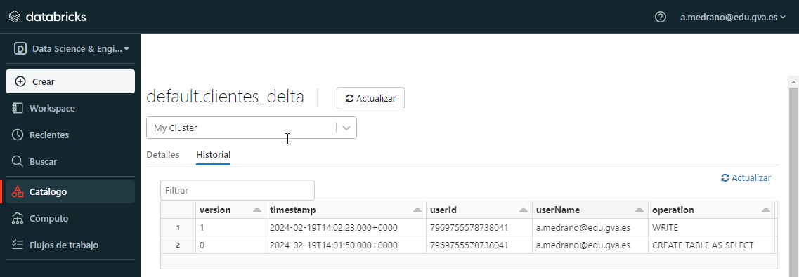 Historial de una tabla Delta en Databricks