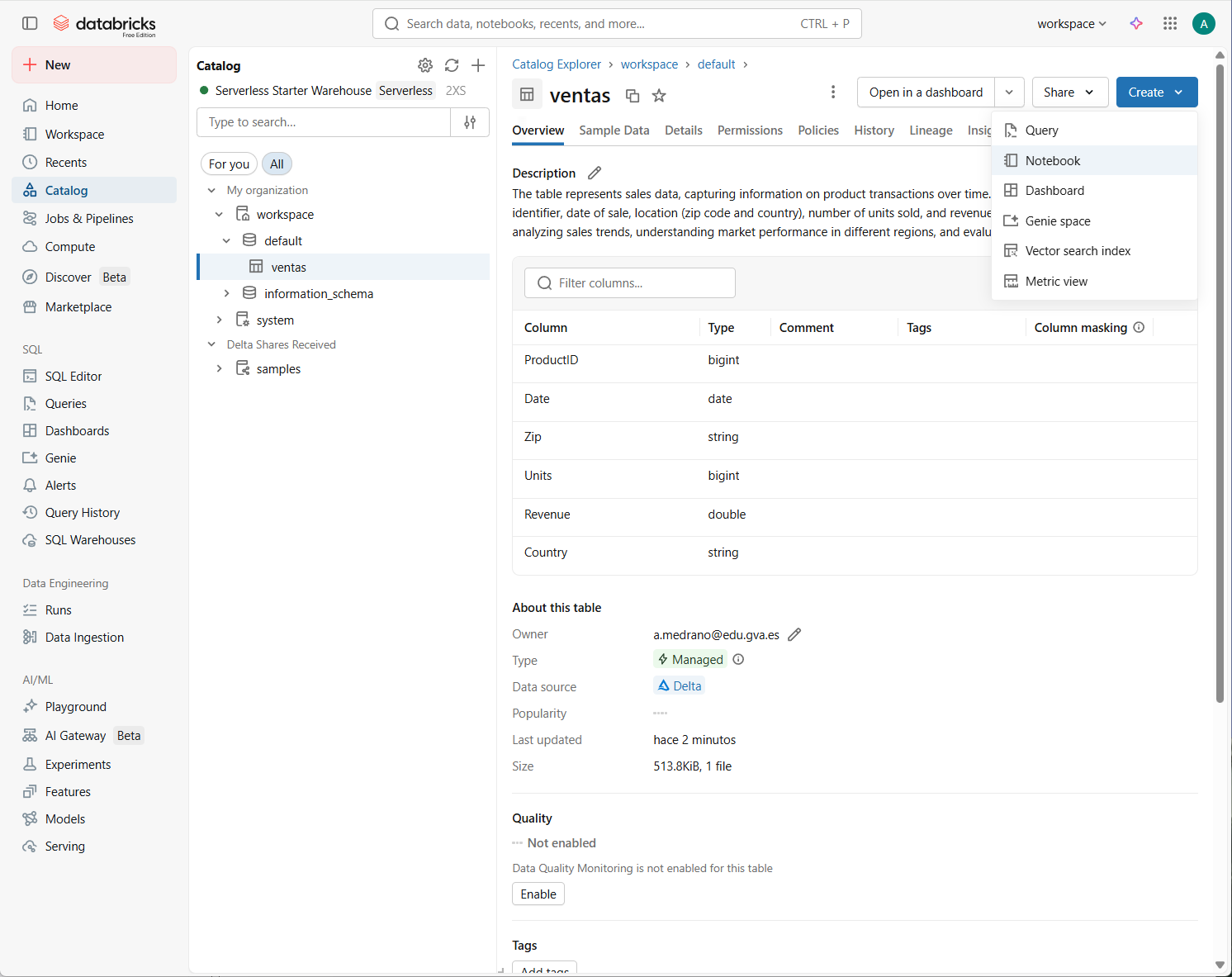 Creando una tabla con nuestros datos en Databricks
