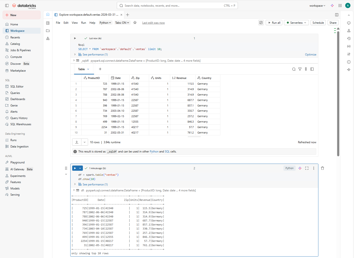 Visualizando los datos en un cuaderno en Databricks