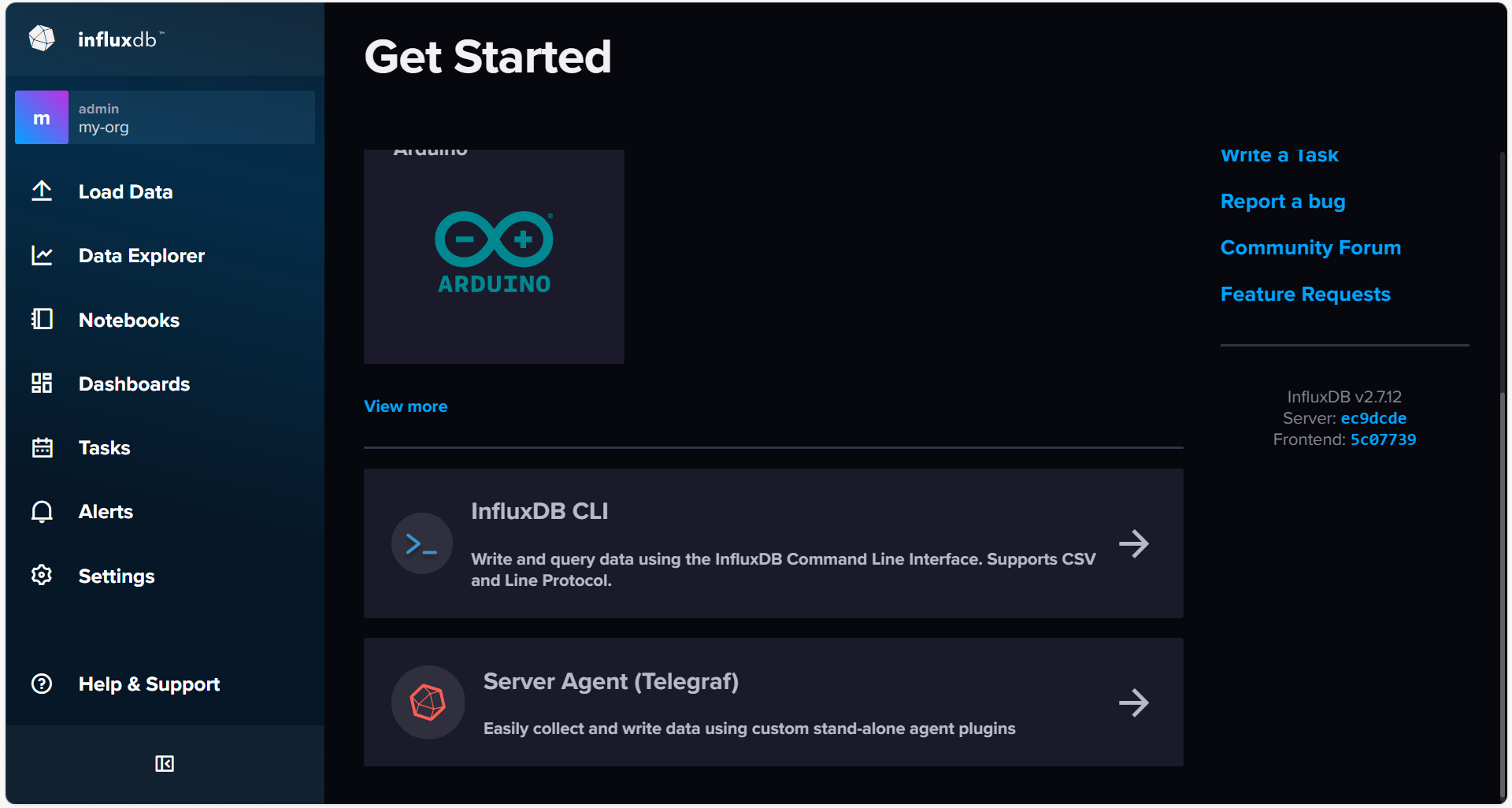 Inicio en el interfaz web de InfluxDB