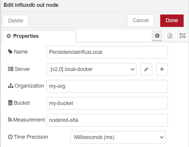 Configuración del servidor InfluxDB en NodeRed