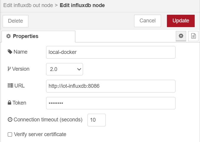 Configuración del servidor InfluxDB en NodeRed