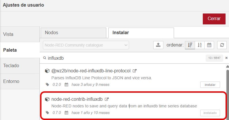 Conector contrib para InfluxDB en NodeRed