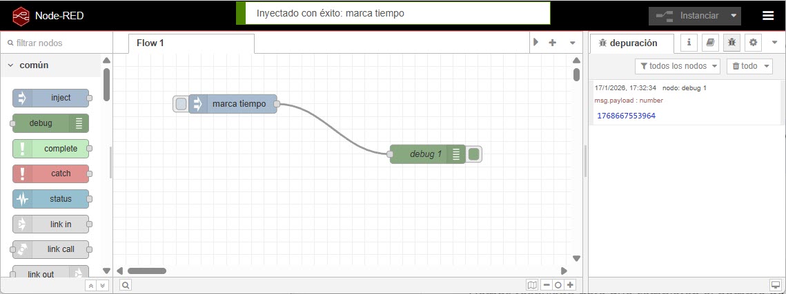 Ejecución del flujo simple en Node-RED