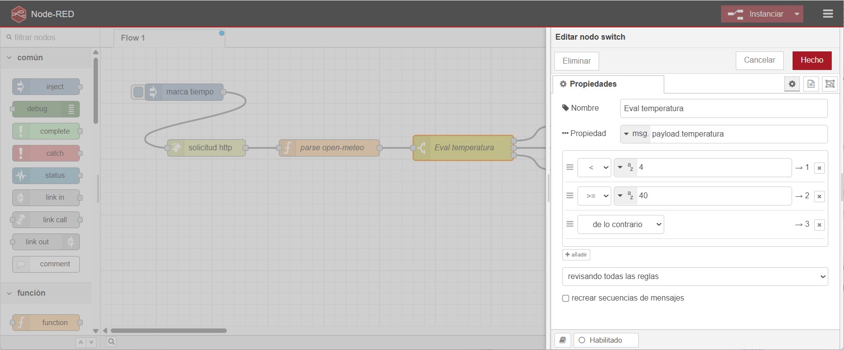 Evaluando el valor de una propiedad en Node-RED
