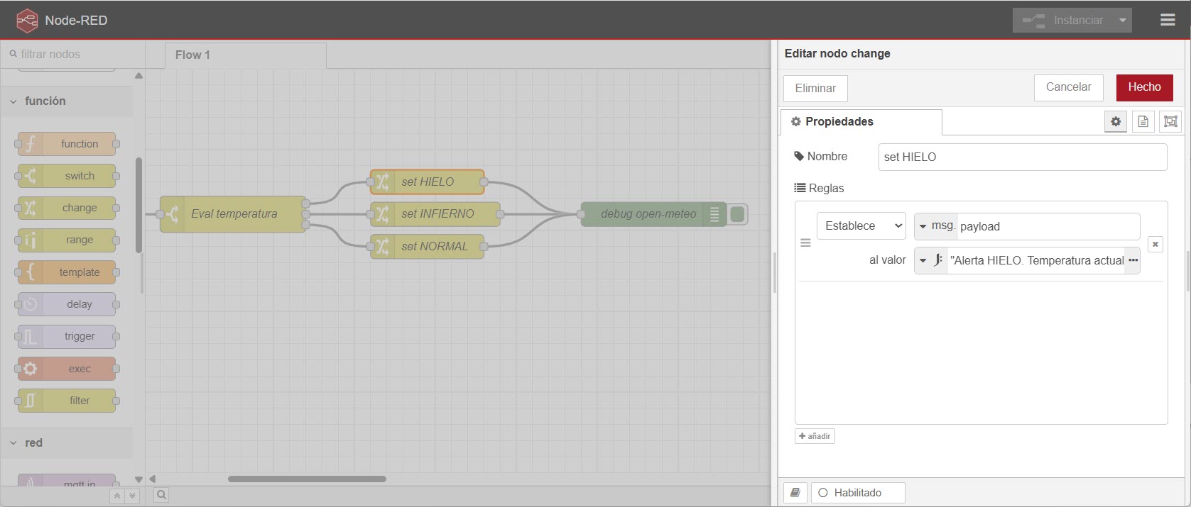 Modificando una propiedad en Node-RED