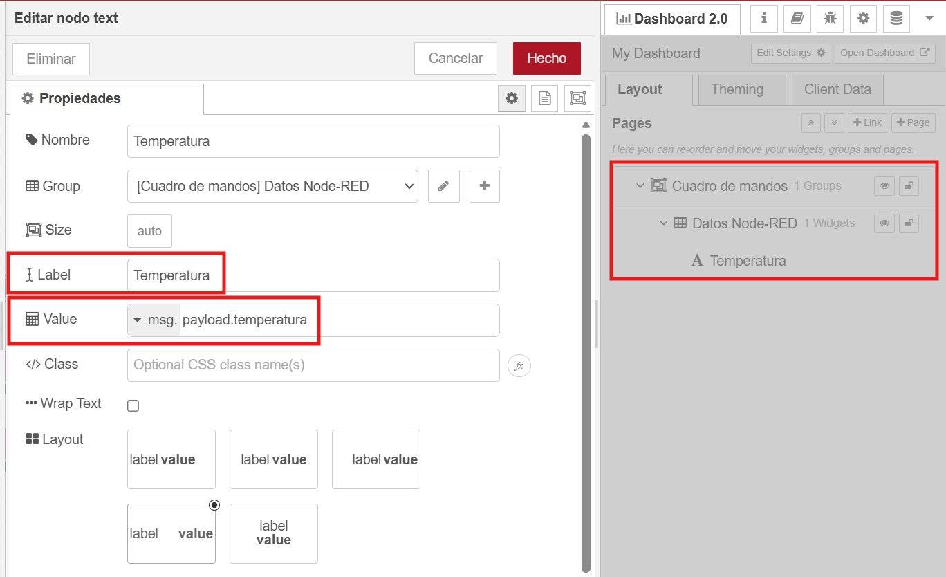 Propiedad de un nodo text en Node-RED