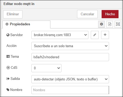 Nodo de MQTT-in en Node-RED