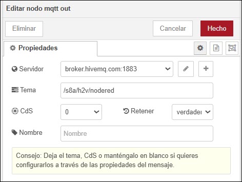 Nodo de MQTT-out en Node-RED