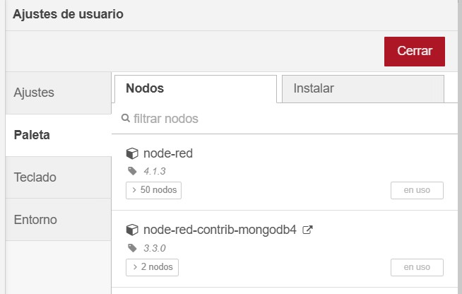Paleta de nodos en Node-RED