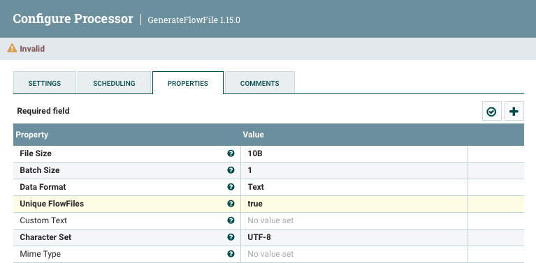 Configuración del procesador GenerateFlowFile en Nifi